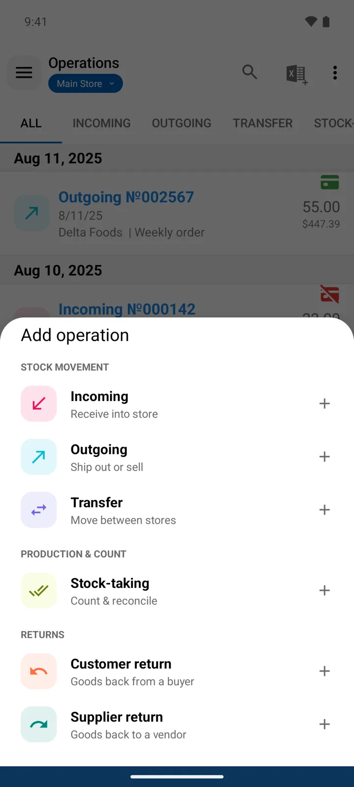 The Add operation sheet, grouped by operation kind