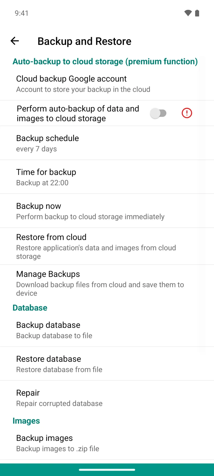 StoDo Simple's Backup and Restore screen: the cloud auto-backup section with schedule and time, then Database and Images