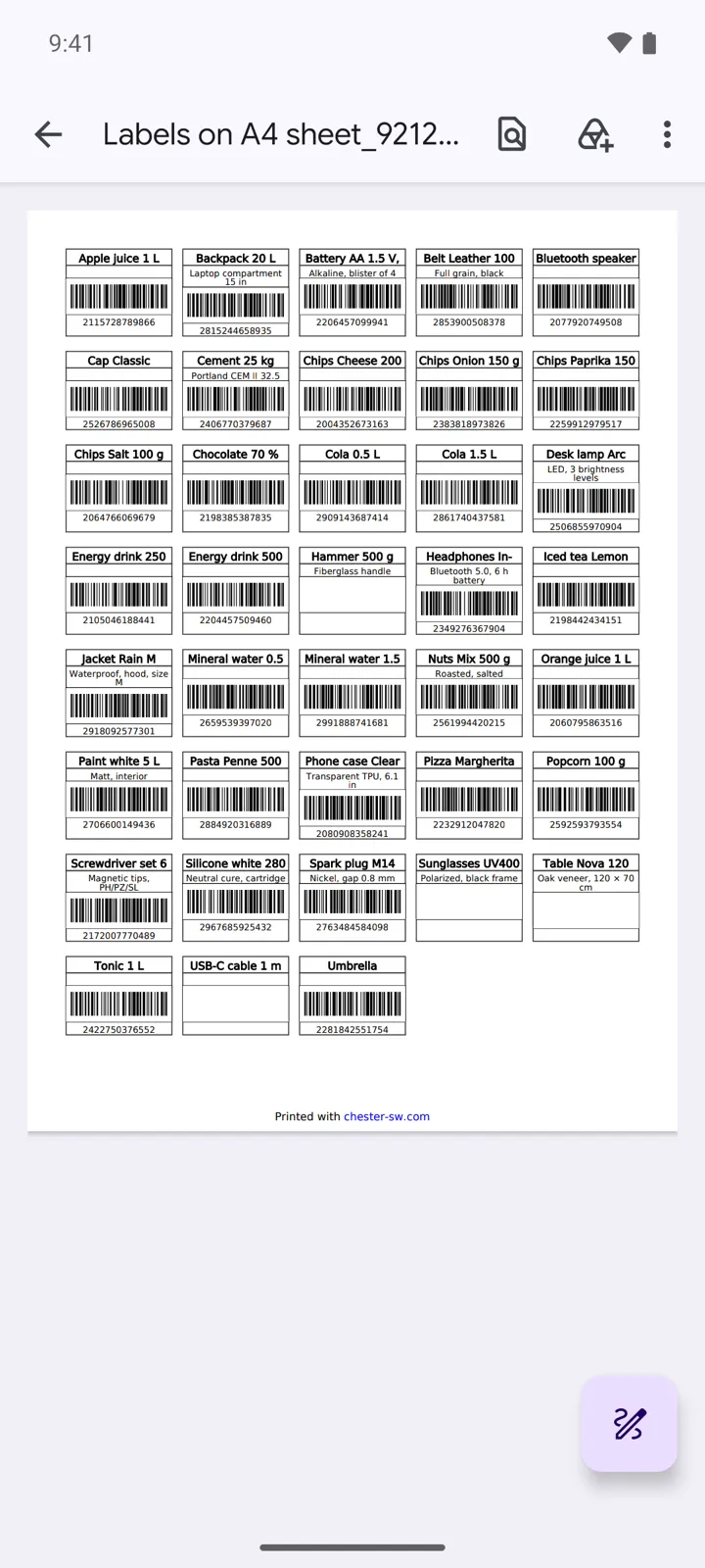 A generated A4 label sheet PDF: a card per item with name, description, and barcode image