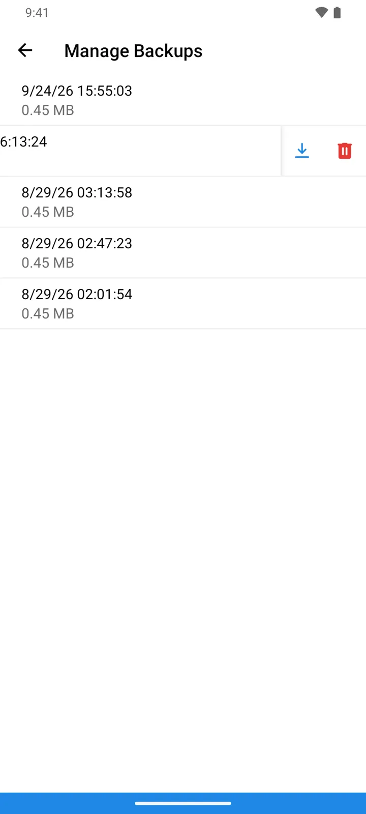 The Manage Backups list: snapshot rows with dates and sizes, one swiped aside to show the download and delete buttons