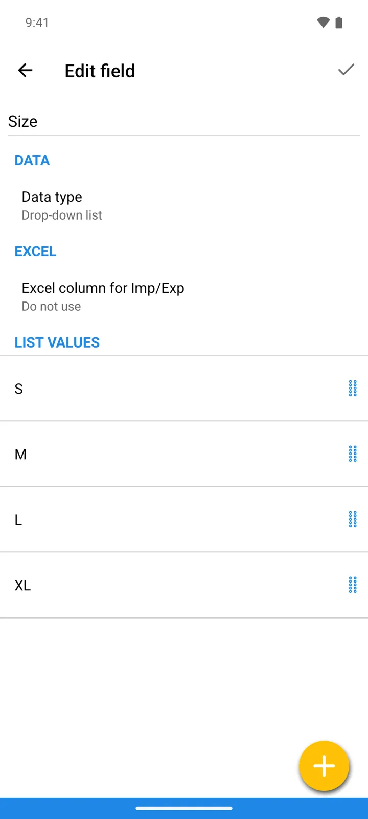 The field editor: a Drop-down list field named Size with its values S, M, L, XL