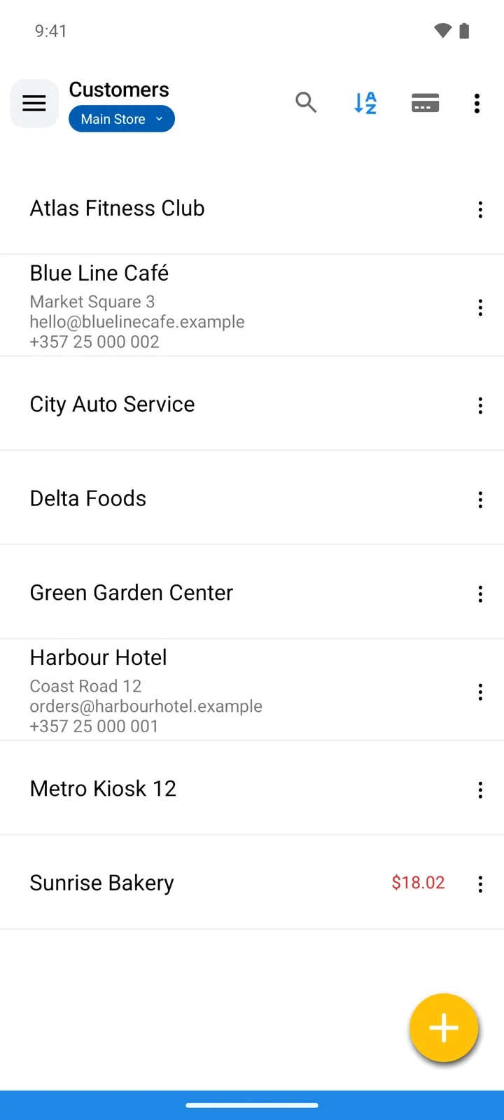 The Customers list: contact lines and an outstanding balance in red