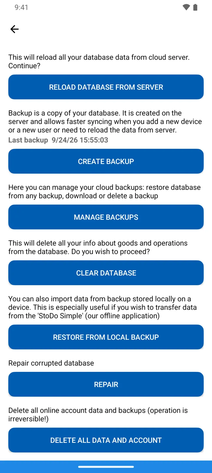 The database screen, owner view: Reload database from server, Create Backup with the Last backup date, Manage Backups, Clear database, Restore from local backup, Repair, and Delete all data and account