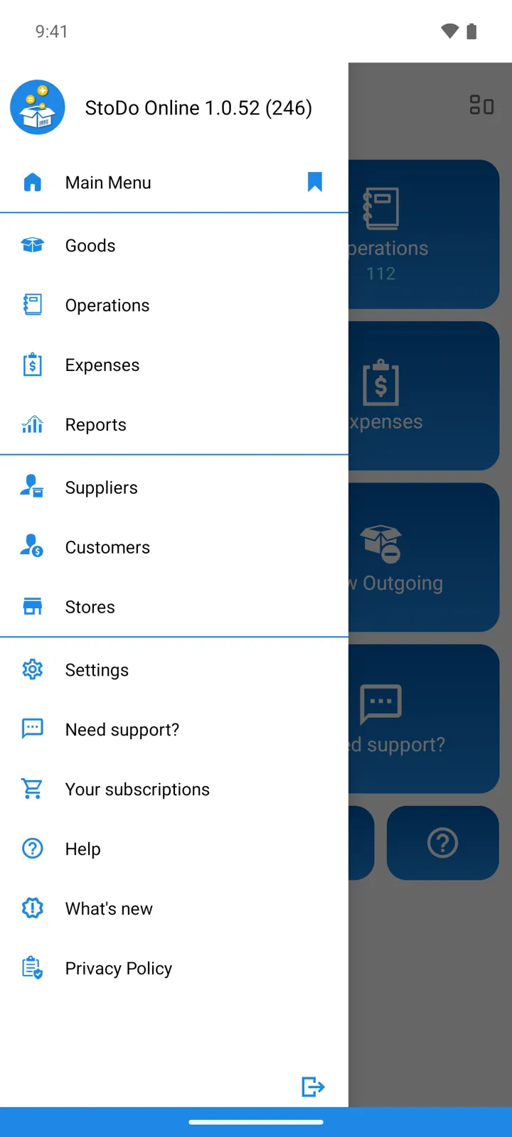 The menu drawer, listing every screen of the app
