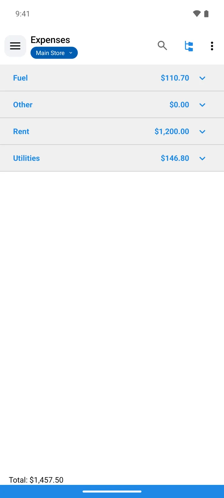 Expenses grouped by category, with the running Total below