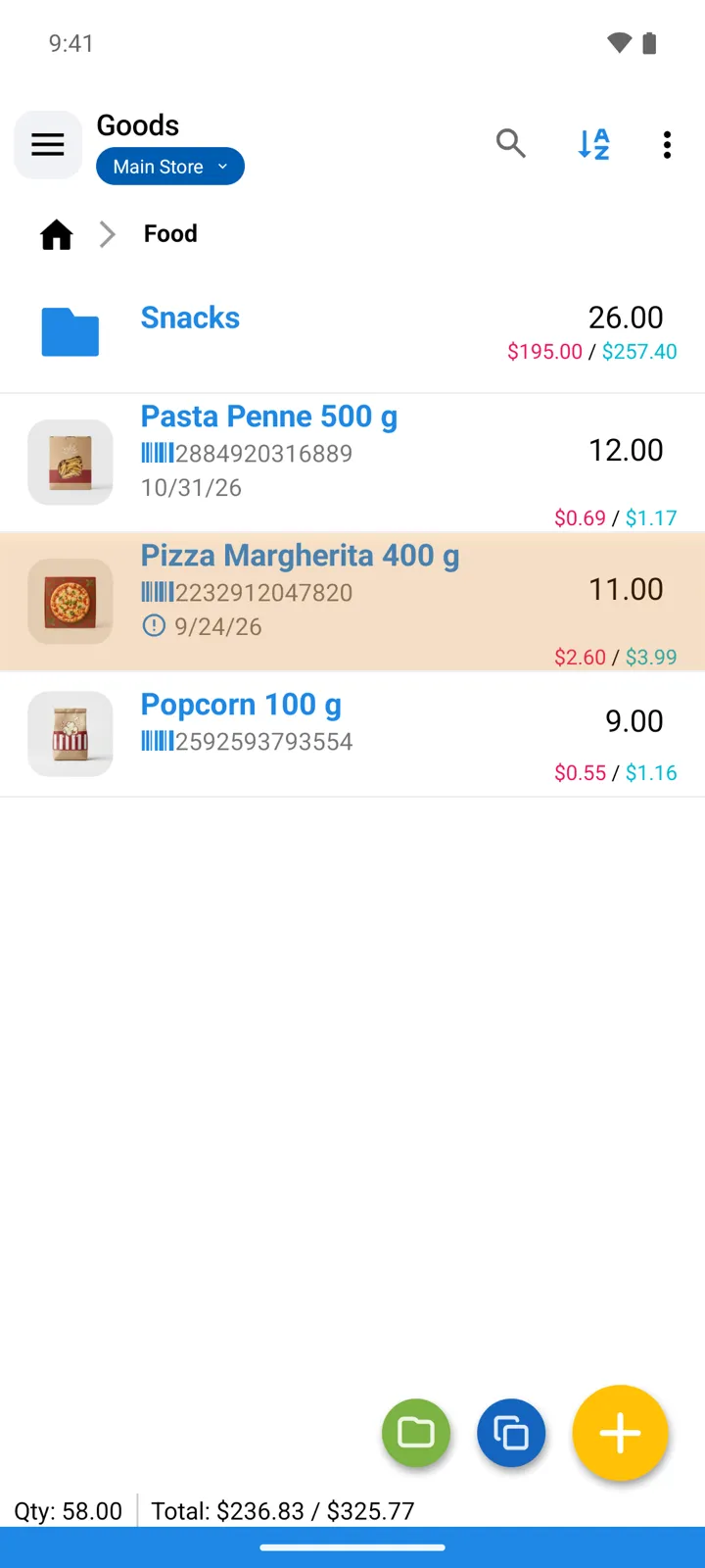 The Goods list with an expiring item tinted orange, its expiry date flagged; a later-dated item unhighlighted