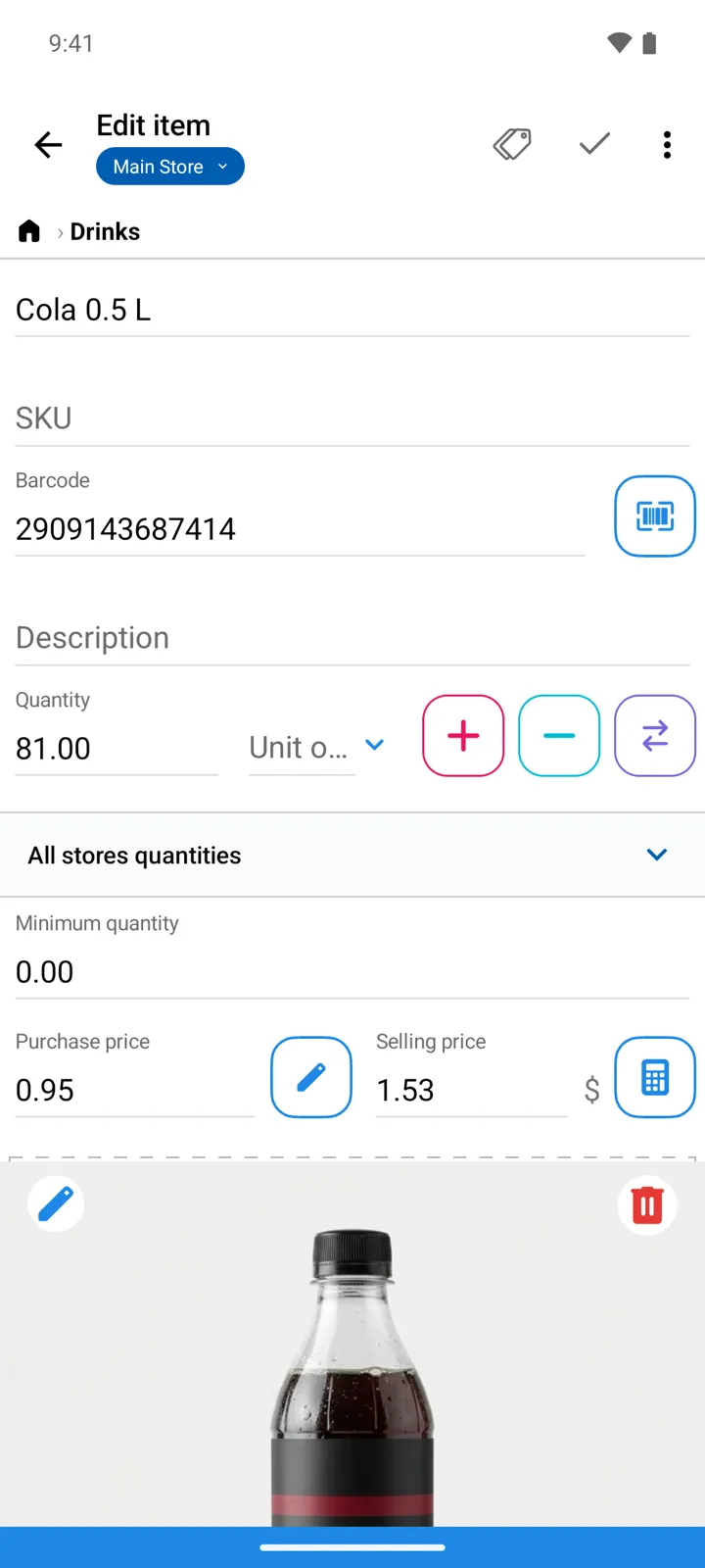 The item form for Cola 0.5 L with all fields enabled