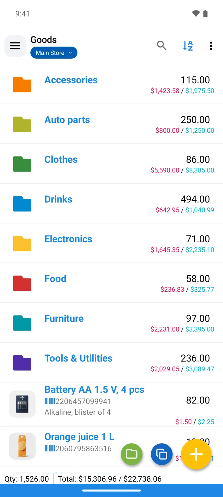 The Goods screen: colored groups with totals, item rows with barcodes and photos