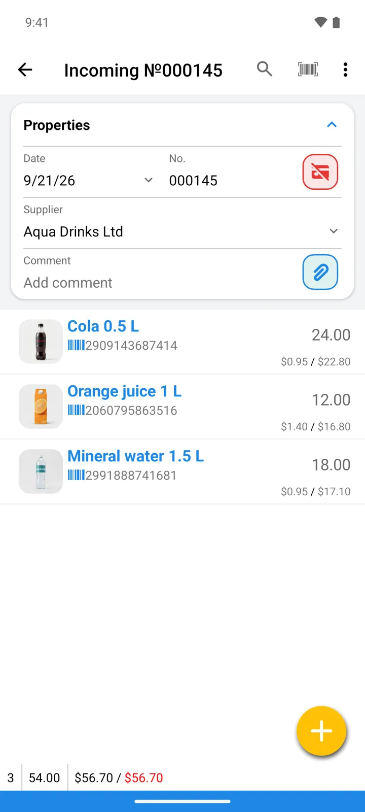 An Incoming operation from Aqua Drinks Ltd with three lines