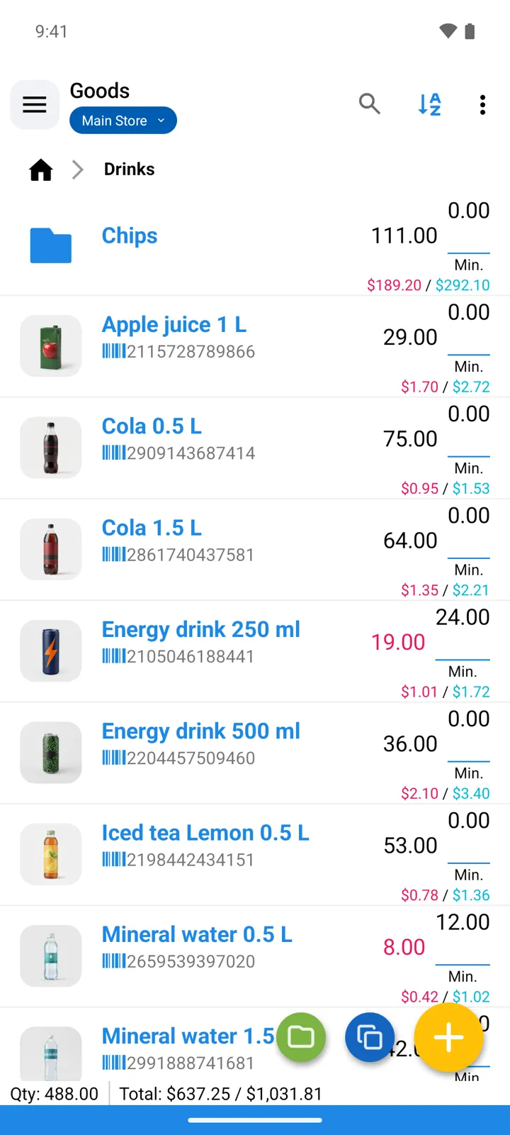 Below-minimum items highlighted in the Goods list, Min. thresholds shown