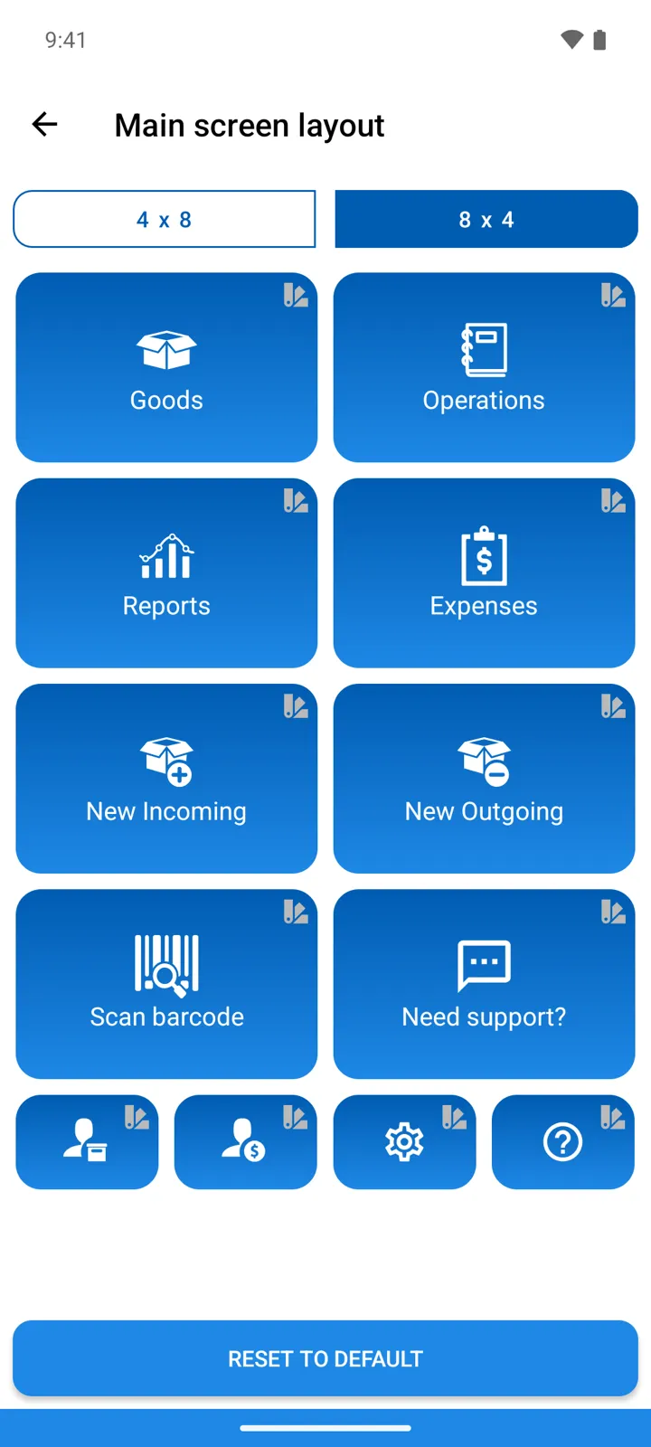 Main screen layout: grid arrangement and a color picker on every card