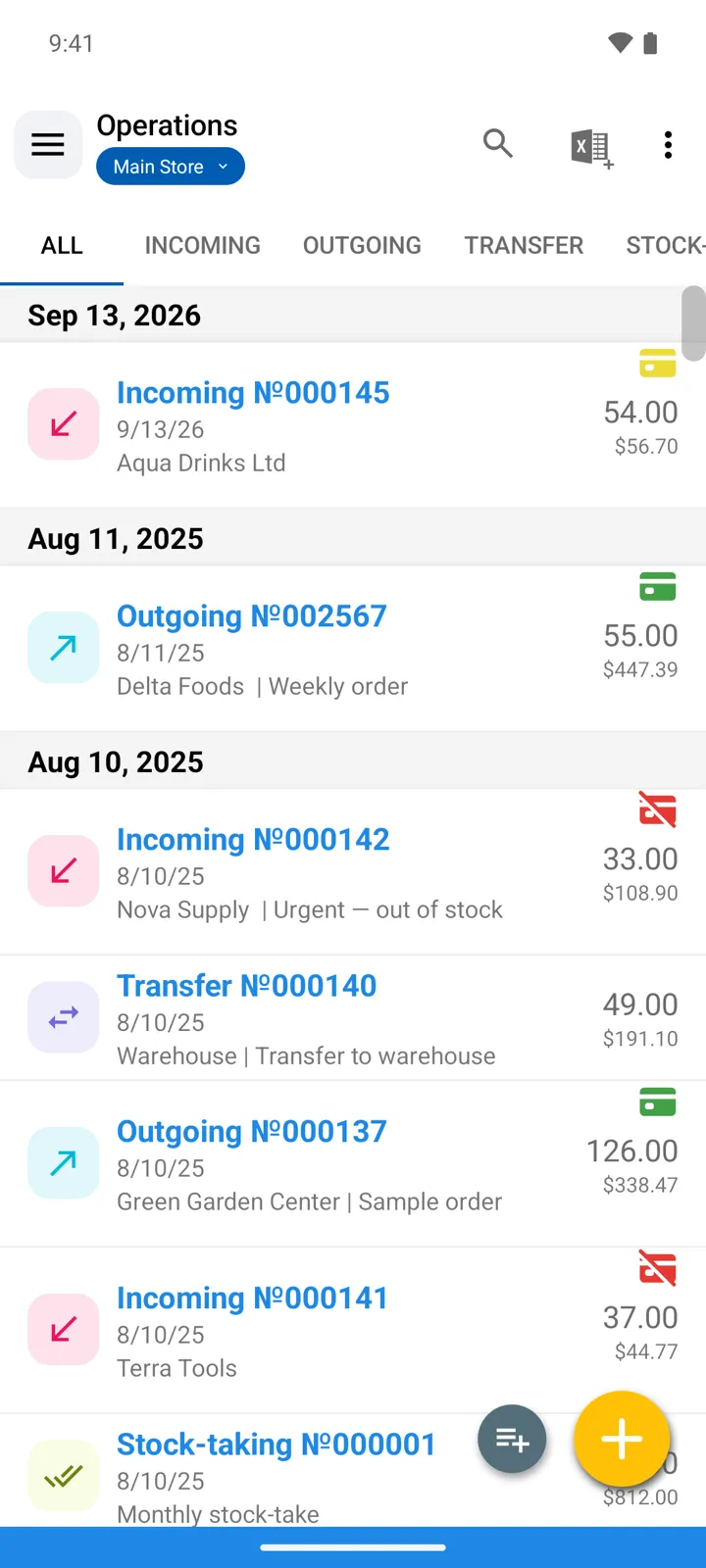 The Operations journal: type icons, payment states, day headers