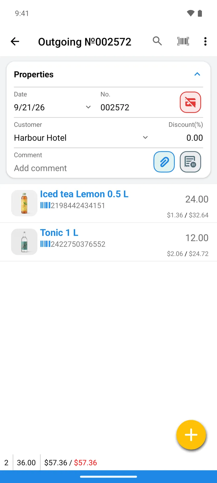 An Outgoing order in the editor: the order status button sits next to the attachments clip; the red button by the number is the payment state
