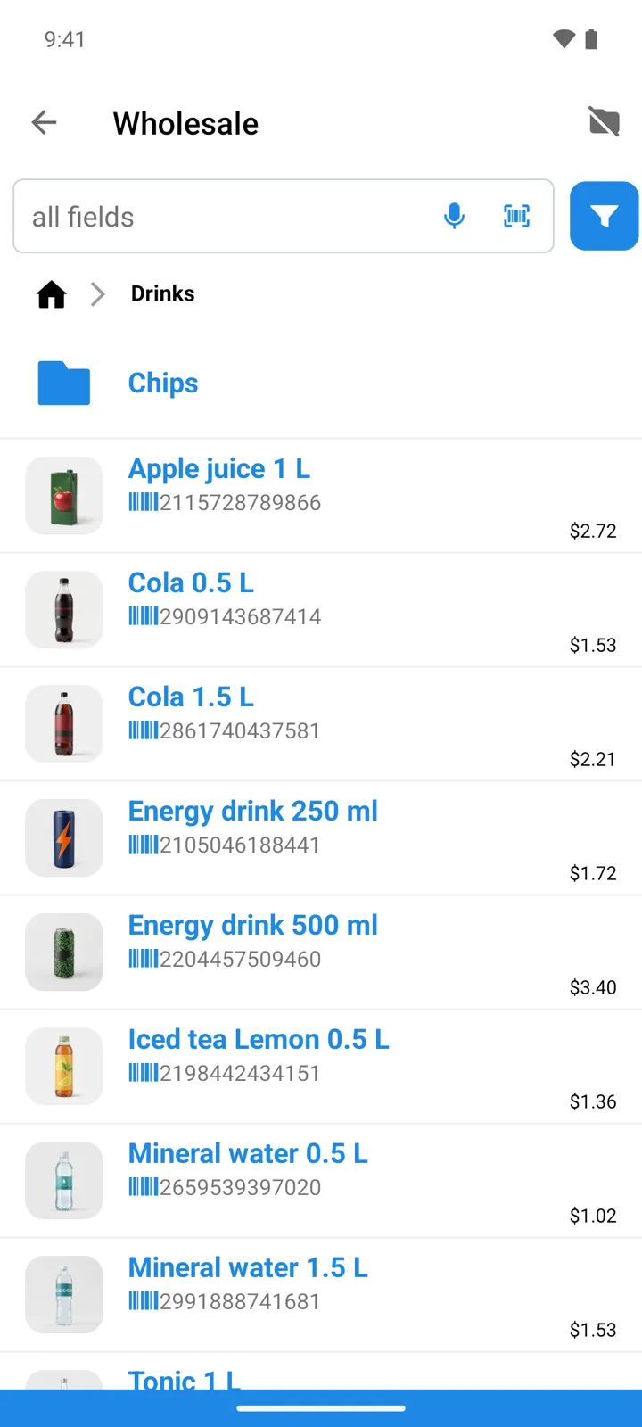 A price list ("Wholesale") opened like the catalog, with its own selling prices