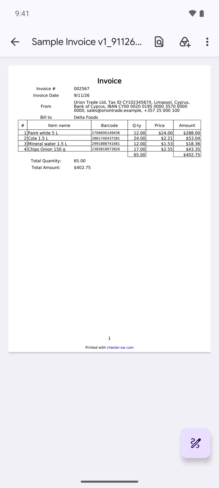 A generated invoice PDF from the Sample Invoice template: company block from My Company, customer, item table, totals
