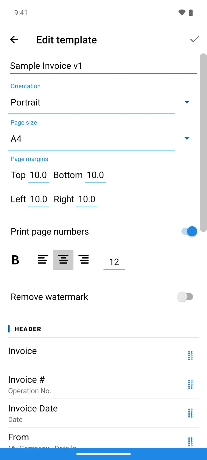 The template editor on Sample Invoice v1: orientation, page size and margins, watermark switch, and the Header section's items