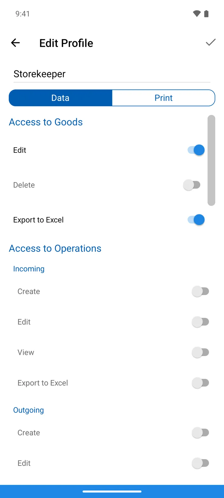 The profile editor's Data tab: the Data/Print tab switch, then Access to Goods and the per-type Access to Operations toggles