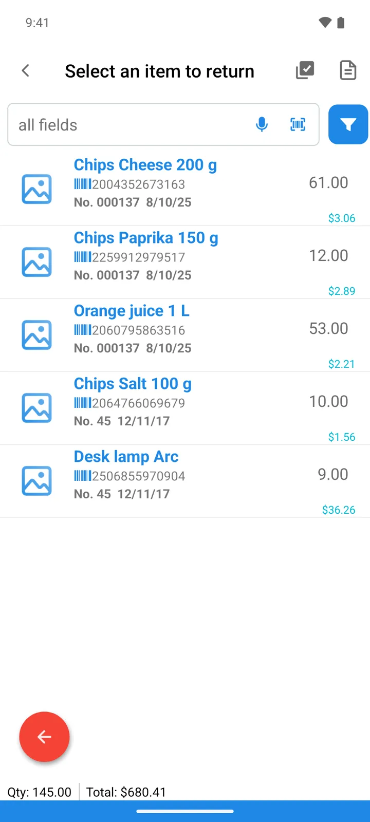 Select an item to return: one row per source operation line, with number and date