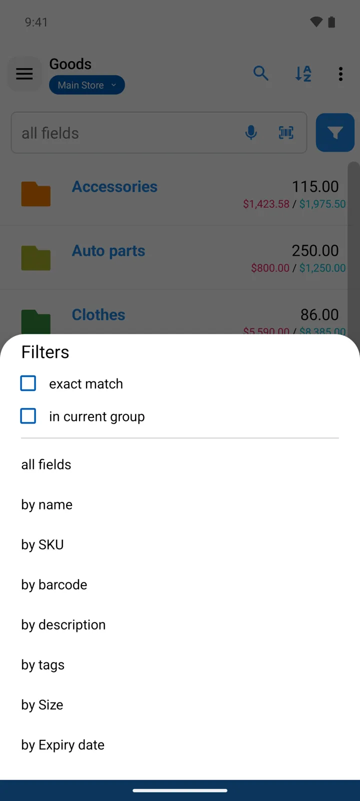 The Filters sheet over the Goods list: exact match and in current group checkboxes, then the search scopes down to custom fields