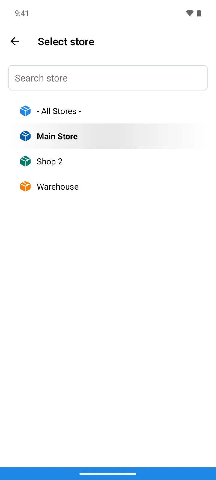 The Select store picker: - All Stores - above the store list