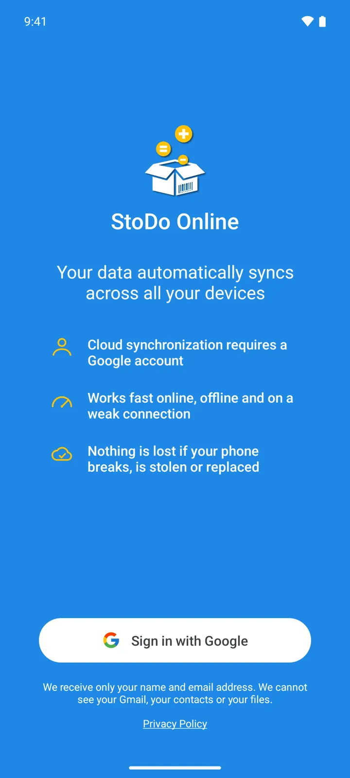 The StoDo Online start screen: Sign in with Google button with the name-and-email disclaimer below it