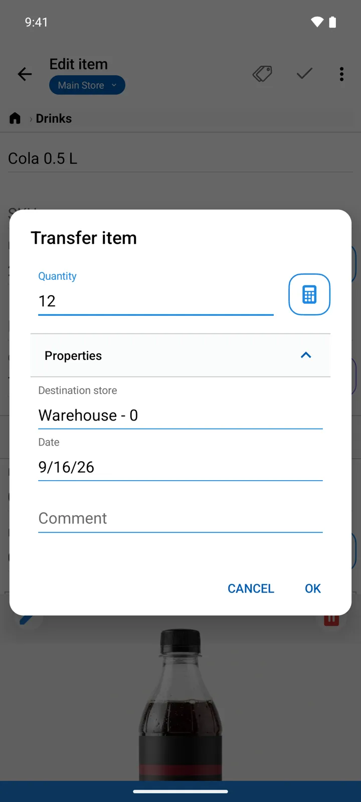 The Transfer item dialog: quantity, destination store, date